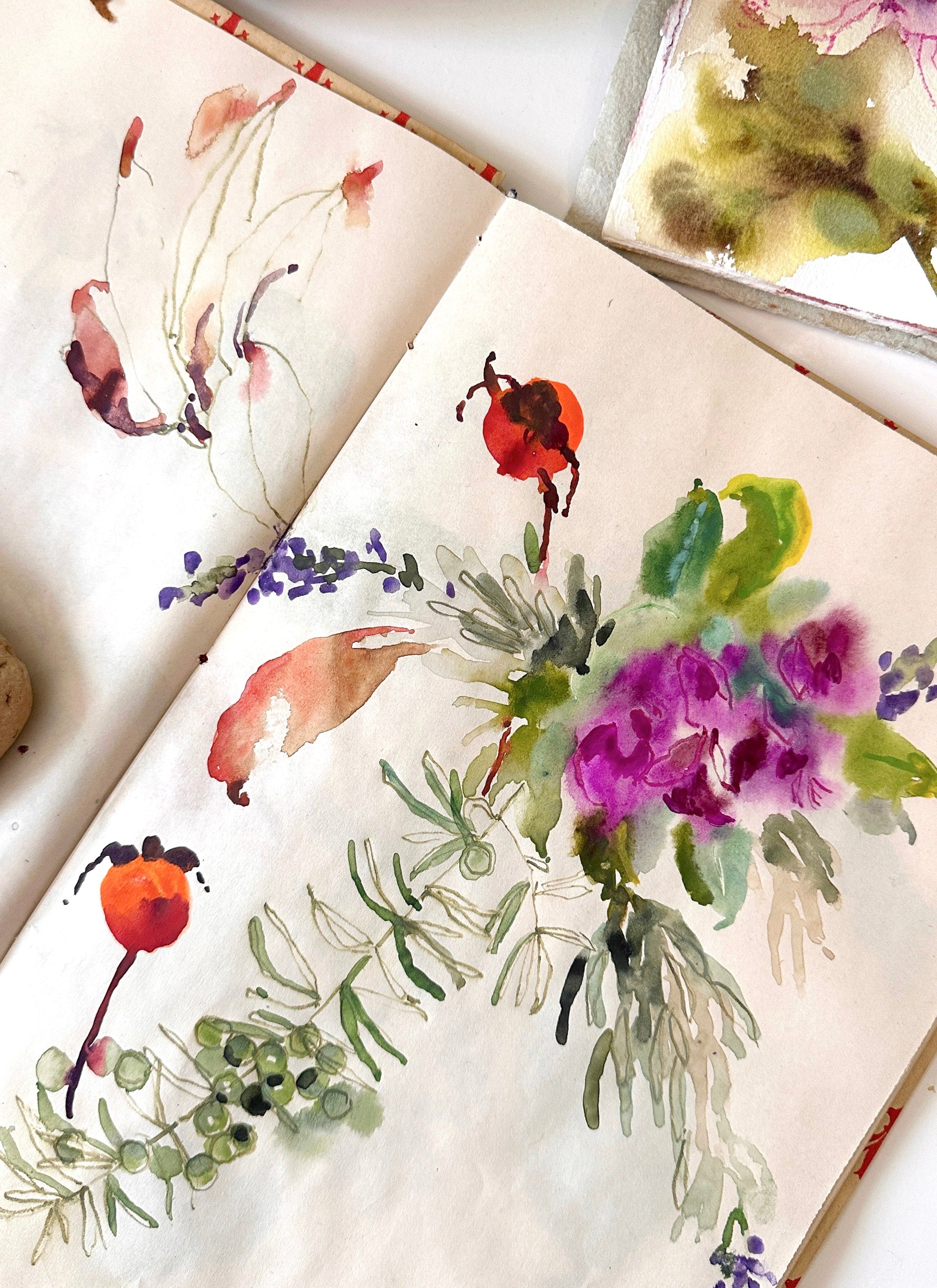 Artistic watercolor illustrations of flowers and plants on a textured surface.