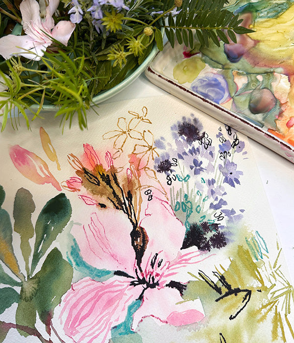 Artistic depiction of flowers and leaves on a textured surface with a paint palette in the background.