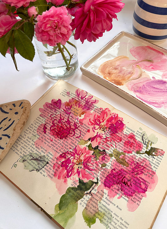 PAINT INK ROSES IN A VINTAGE BOOK WITH ME